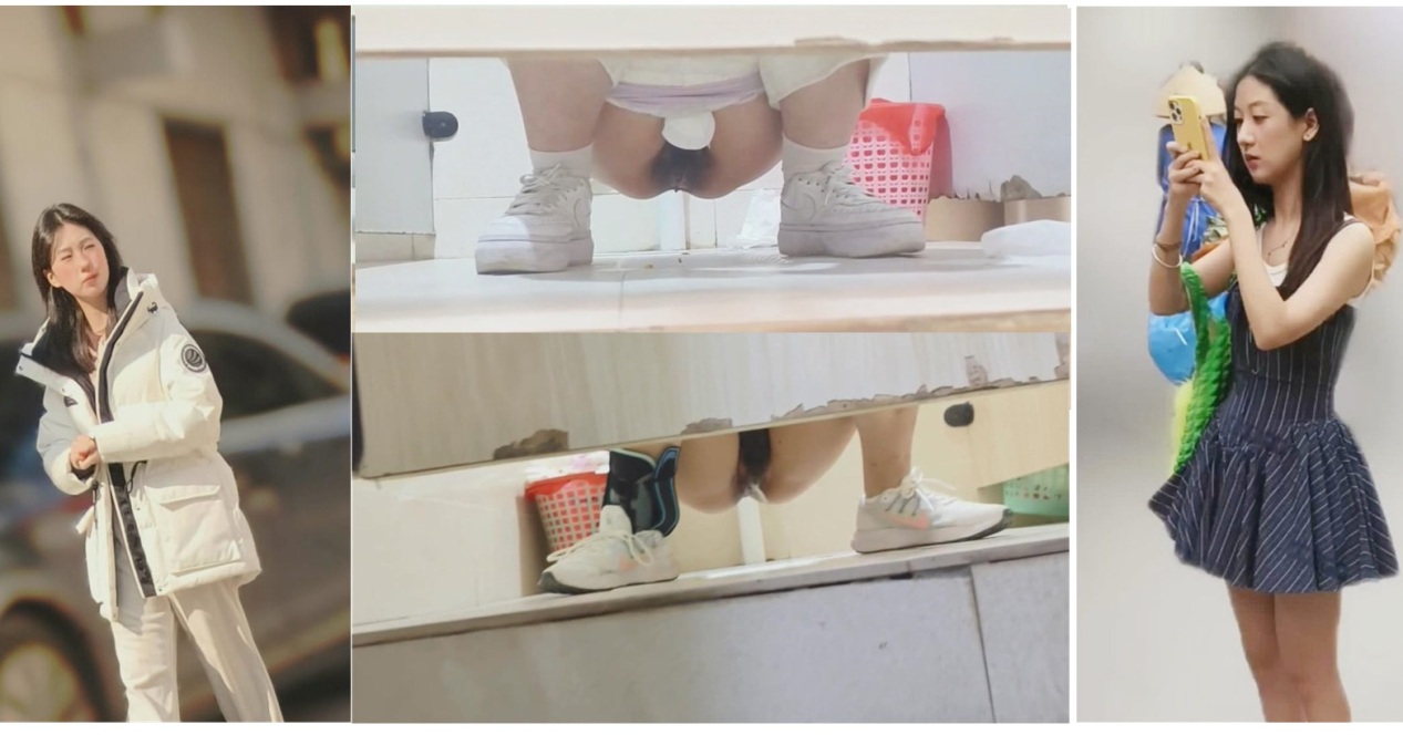 Mirror Reflection Asian Girl Squatting & Adjusting Skirt