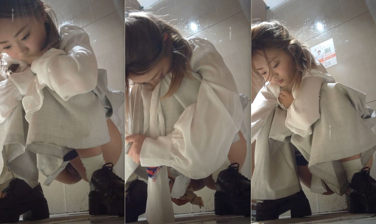 Cute Chinese Girl in Oversized Sweater Squatting and Peeing in Toilet